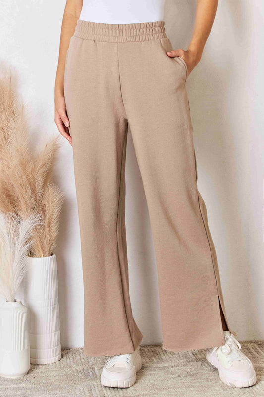 RISEN Banded Waist Slit Hem Pull-On Wide Leg Lounge Pants with Pockets in Tan