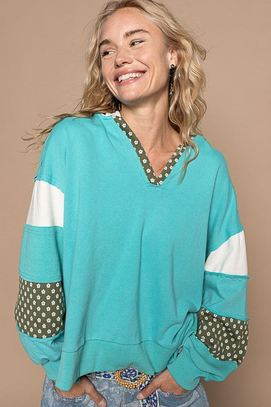 POL Floral Patchwork Color Block French Terry Hoodie Top in Tiffany Blue Multi NWT