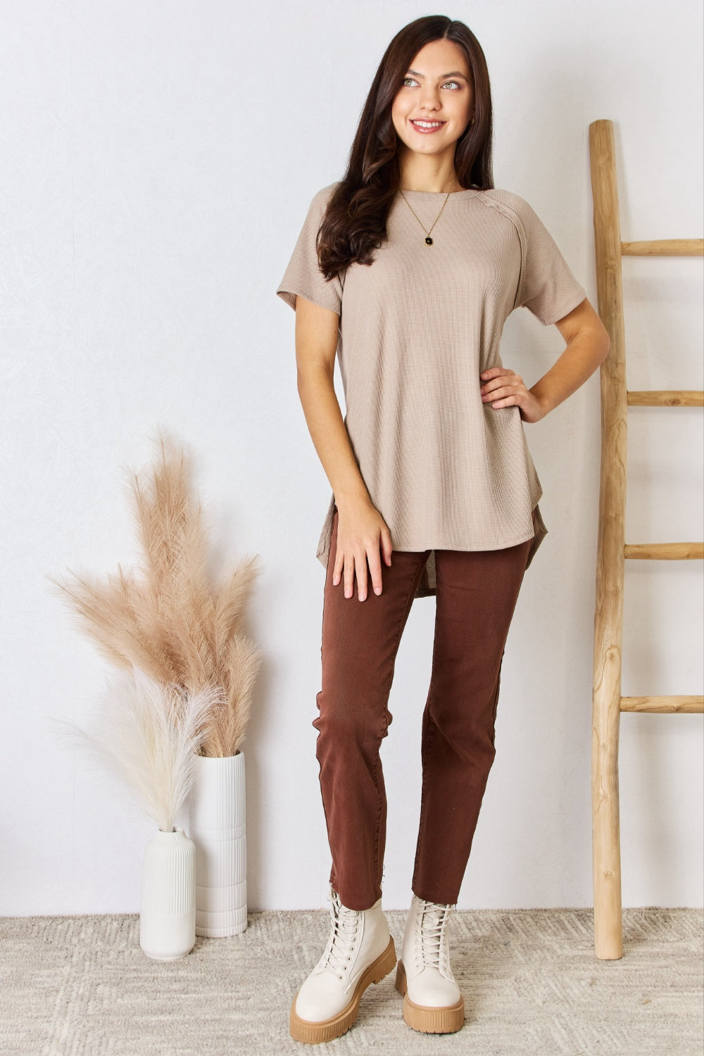 Zenana Waffle-Knit Split Hem Tunic T-Shirt in Light Mocha