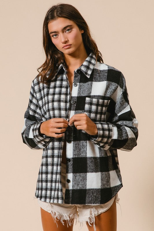 BiBi Plaid Fleece Long Sleeve Button-Down Shirt in Black-White NWT