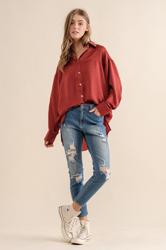 Sweet Generis Satin Long Sleeve Button-Down Top in 6 Colors