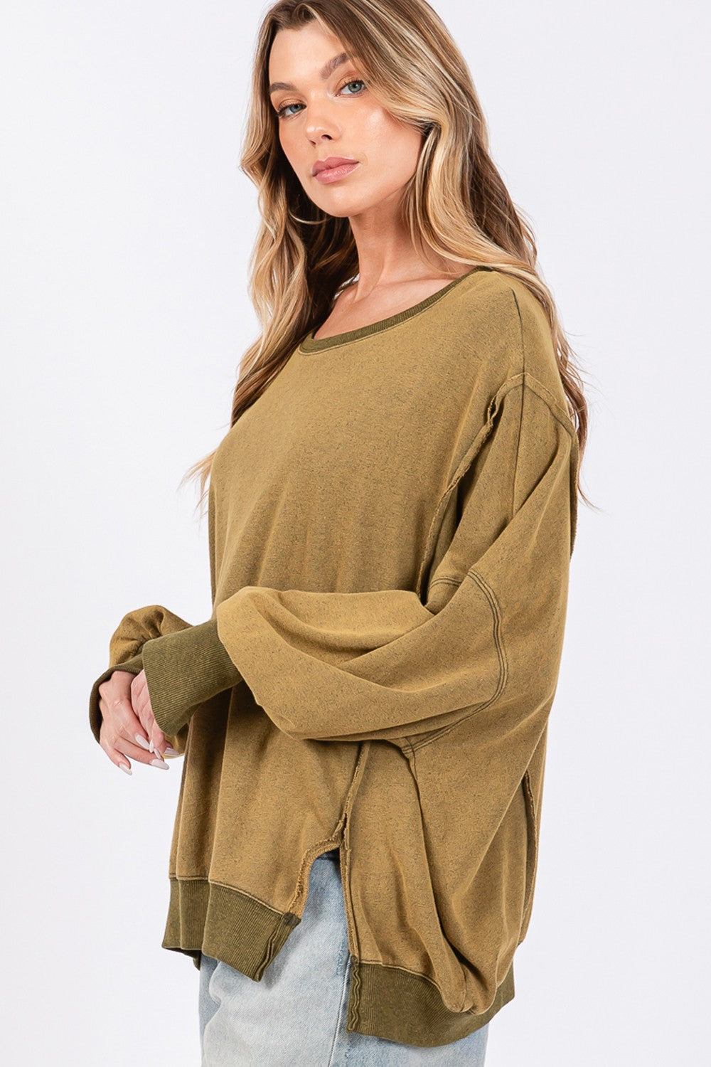 SAGE + FIG Mineral Wash Side Slit Oversized Sweatshirt in Olive