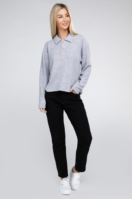 Zenana Brushed Melange Button Front Collared V-Neck Sweater in 5 Colors