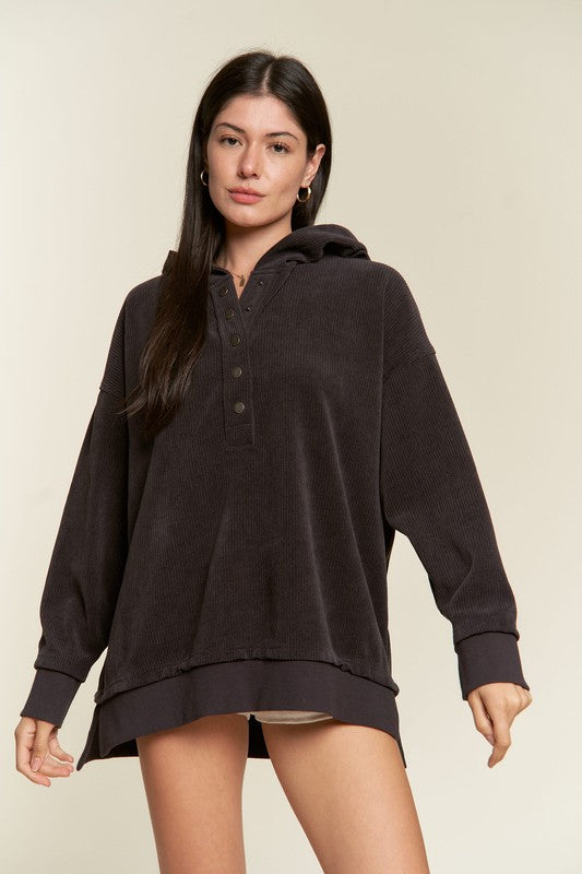 Jade By Jane Plus Size Chenille Snap Henley Hooded Sweatshirt in 2 Colors