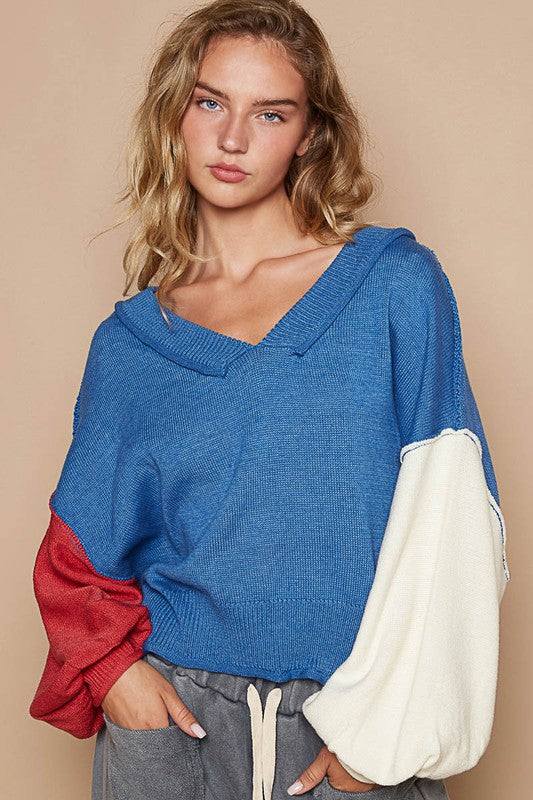 POL Color Block Cropped Lantern Sleeve V-Neck Sweater in Royal Blue Multi NWT