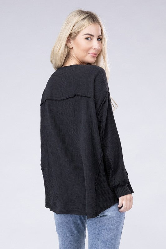 Zenana Double Cotton Gauze Oversized Raw Hem Henley Shirt in 8 Colors