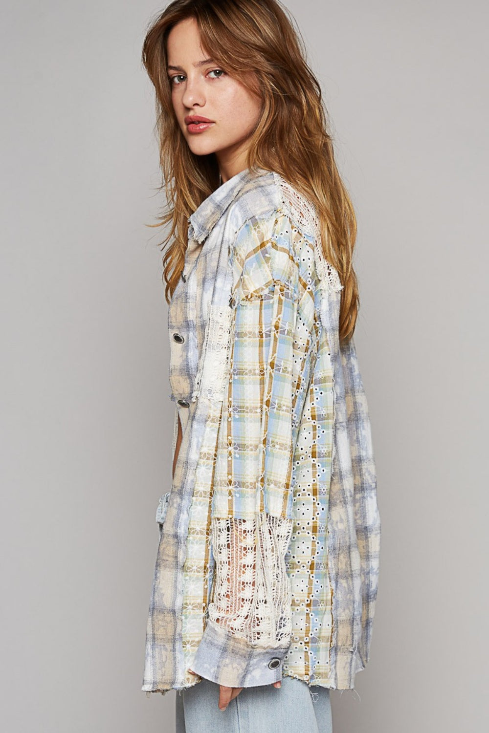 POL Crochet Plaid Button-Down Shirt