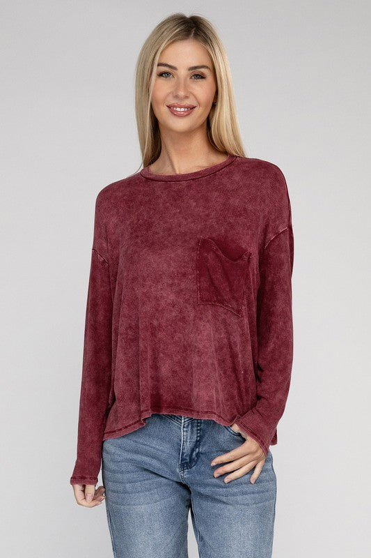 Zenana Color Washed Chest Pocket Long Sleeve T-Shirt in 3 Colors