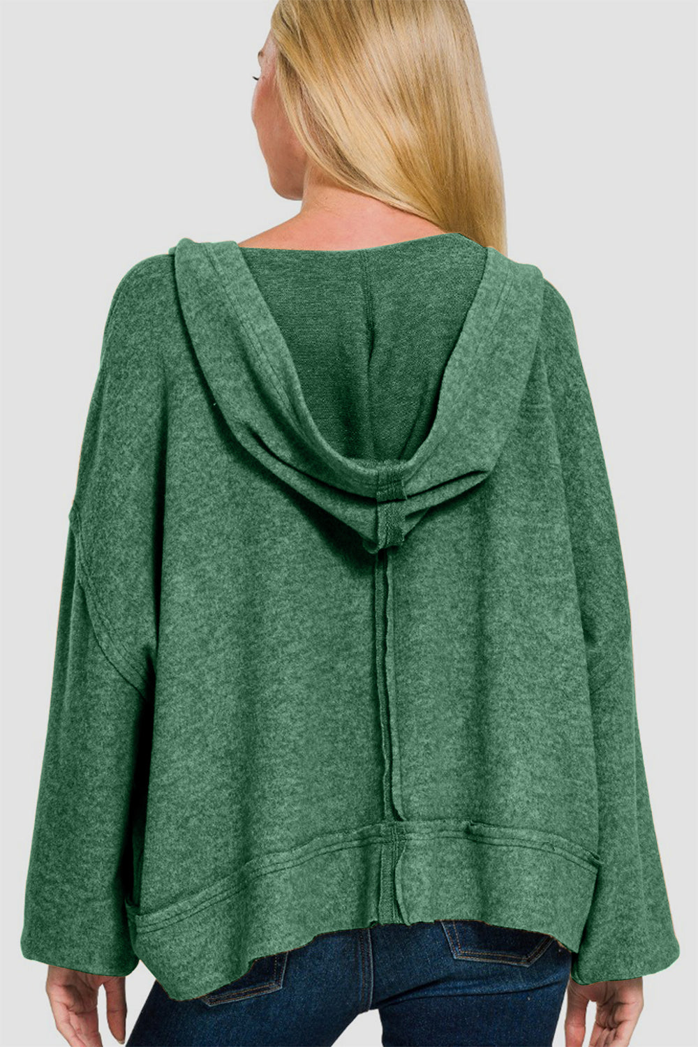 Zenana Brushed Hacci Exposed Seam Round Neck Hoodie Sweater in Dark Green NWT