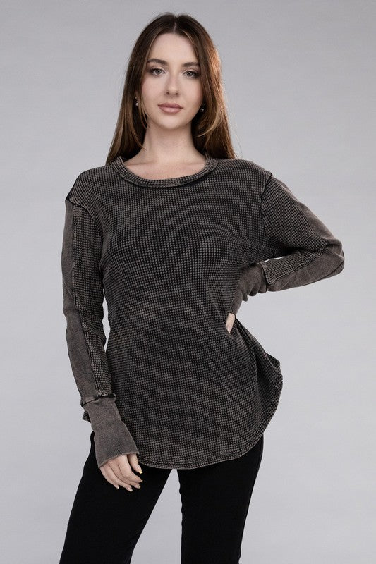 Zenana Washed Waffle-Knit Raw Hem Long Sleeve Tunic T-Shirt in 4 Colors