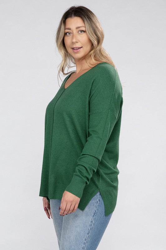 Zenana Plus Size Front Seam V-Neck Tunic Sweater