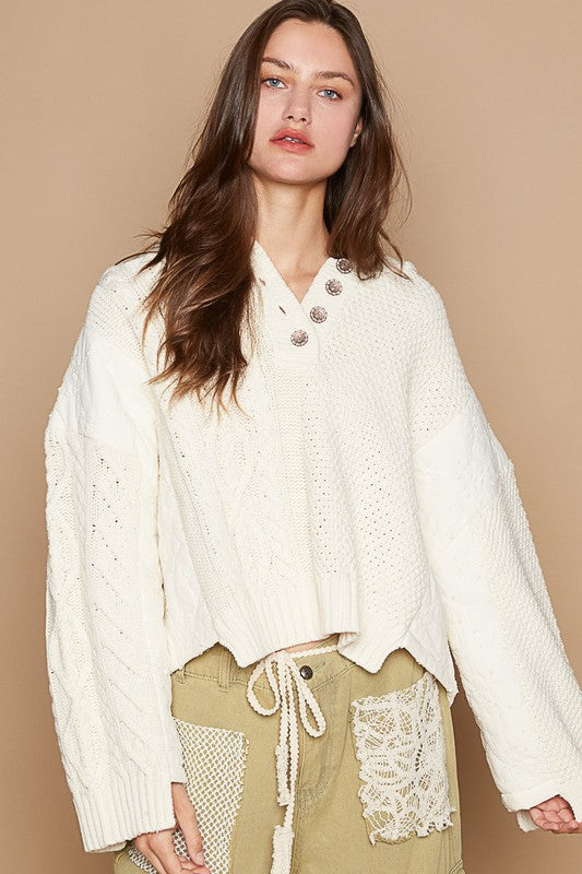 POL Hooded Cable-Knit Cropped Henley Sweater in Beige NWT