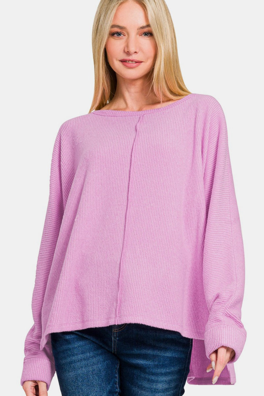 Zenana High-Low Side Slit Long Sleeve Round Neck T-Shirt Top in Mauve Pink NWT