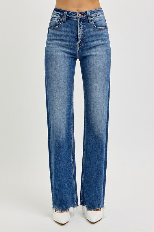 RISEN Tummy Control High Rise Raw Hem Jeans in Dark Wash Blue