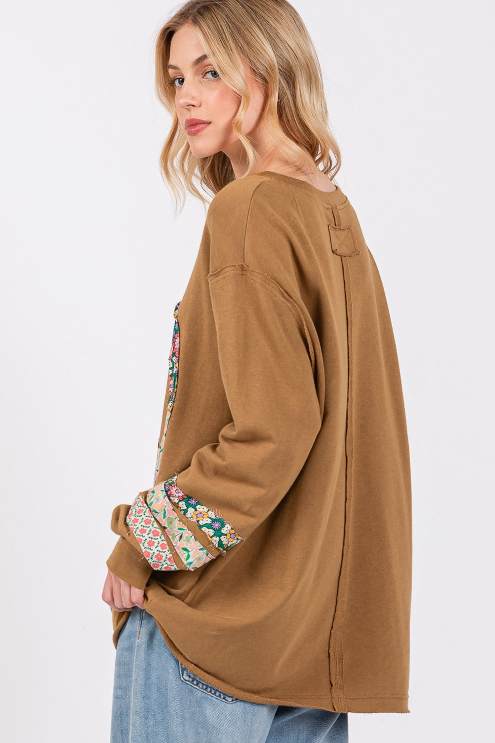 SAGE + FIG Peace Patch Exposed Seam Round Neck Tunic Top in Bronze Brown Multi