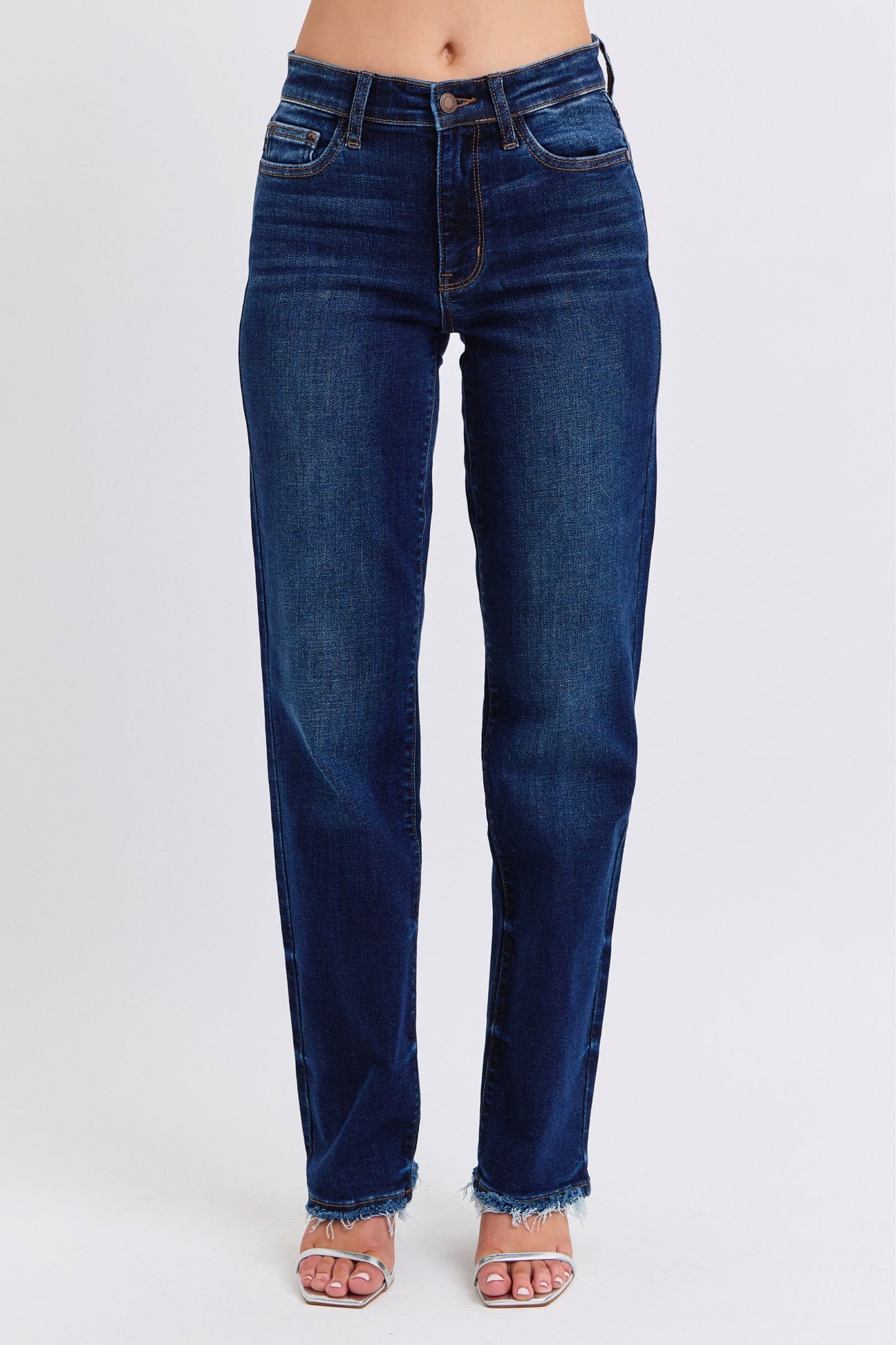 Judy Blue Full Size Raw Hem Straight Leg Jeans in Dark Wash Blue