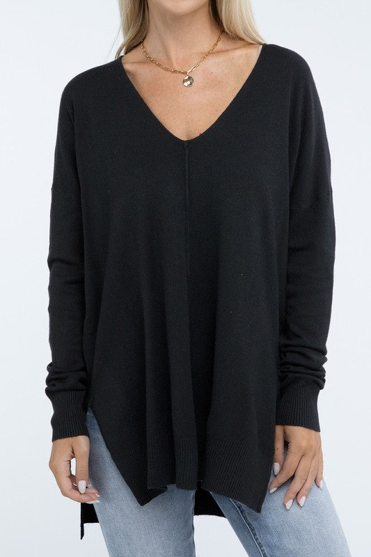 Zenana Front Seam Side Slit V-Neck Tunic Sweater in 5 Colors