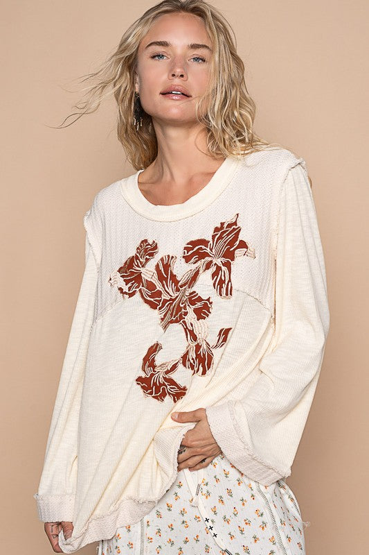 POL Embroidered Long Sleeve Round Neck Knit Top in Cream Multi NWT