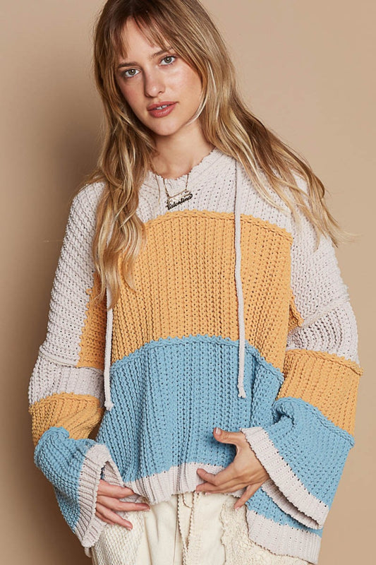 POL Colorblock Bell Sleeve Ribbed Hooded Sweater in Blue Mustard Relaxed Fit Drawstring