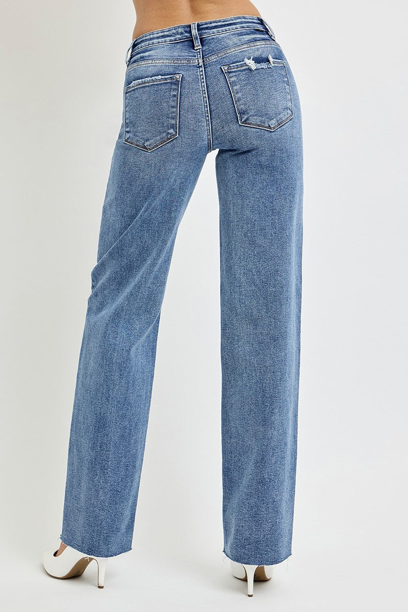 RISEN Full Size High Rise Straight Leg Jeans with Pockets in Medium Wash Blue