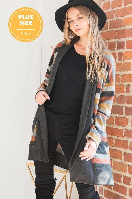 Jade by Jane Plus Multicolor Striped Longline Open Front Cardigan Sweater