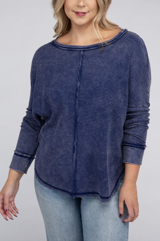 Zenana Plus Color Wash Waffle-Knit Exposed Seam Long Sleeve Boat Neck Top in 2 Colors