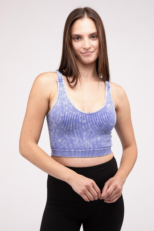 Zenana Washed Ribbed-Knit Cropped V-Neck Cami Tank Top in 4 Colors