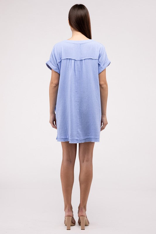 Zenana Cotton Gauze Rolled Short Sleeve Raw Edge V-Neck Mini Dress - 4 Colors