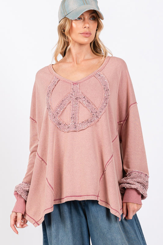 SAGE + FIG Crochet Patchwork Mineral Washed Terry Knit V-Neck Top in Mauve Pink Multi NWT