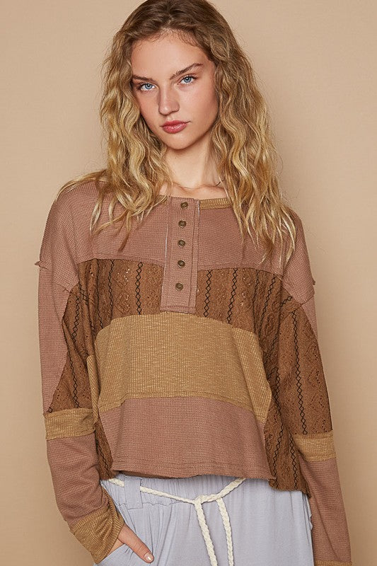 POL Color Block Eyelet & Waffle-Knit Henley Top in Dark Brown NWT