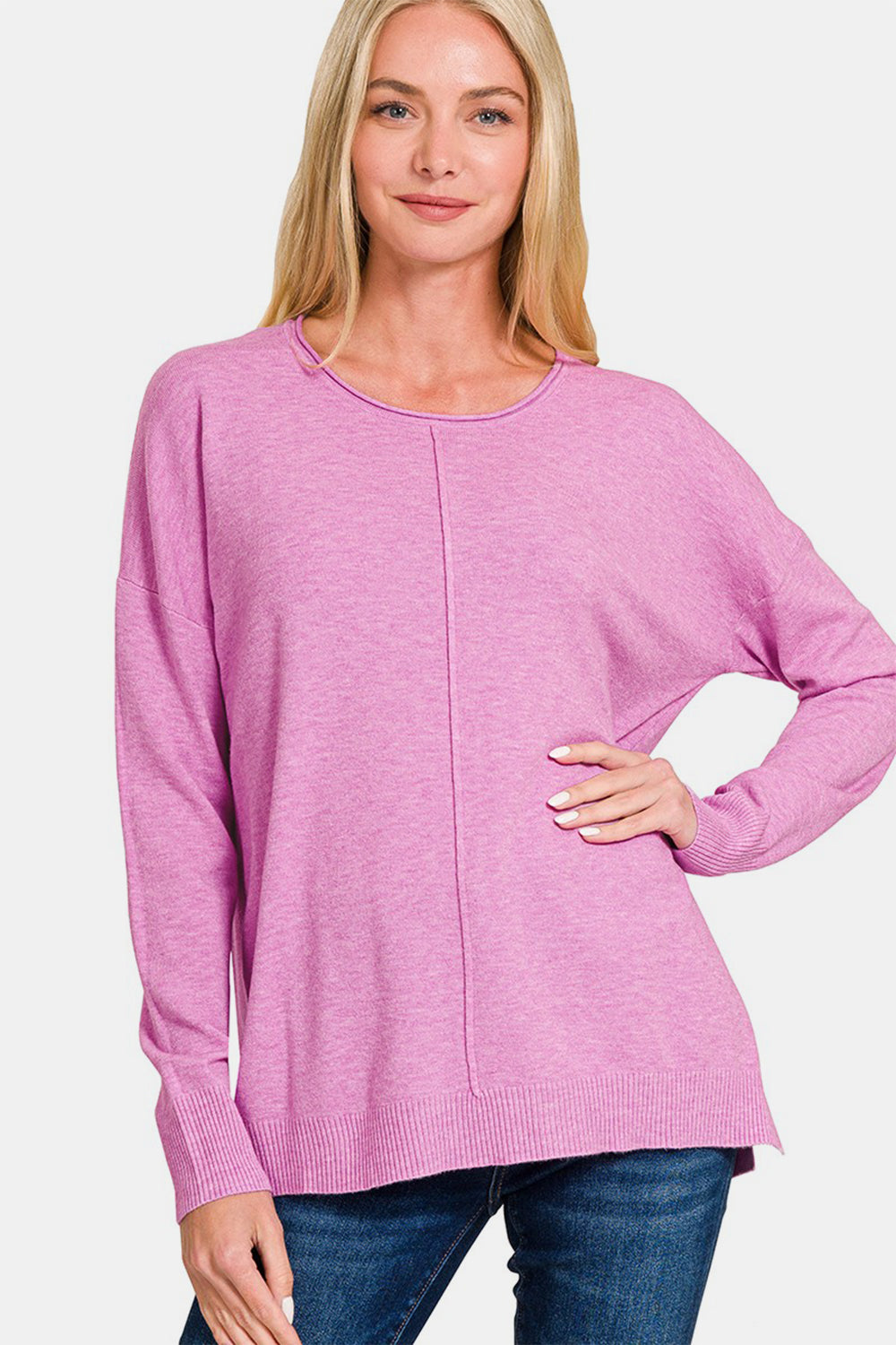 Zenana Front Seam Round Neck Sweater in Moonlit Mauve Pink NWT