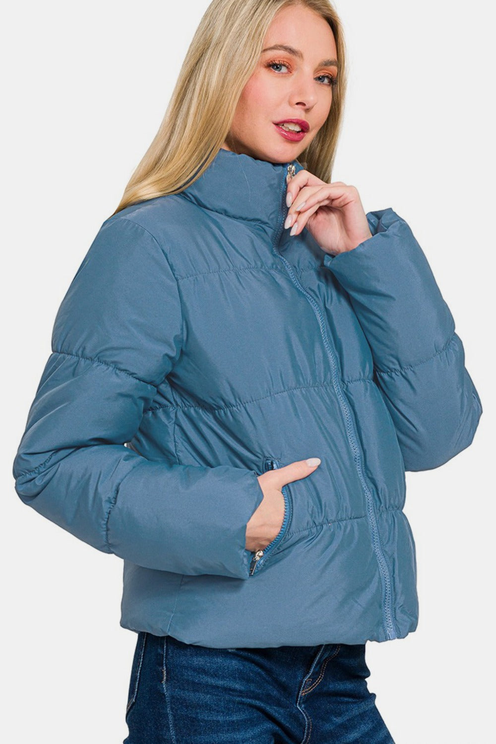 Zenana Stand Collar Zipper Front Quilted Puffer Jacket with Pockets in Dusty Blue NWT