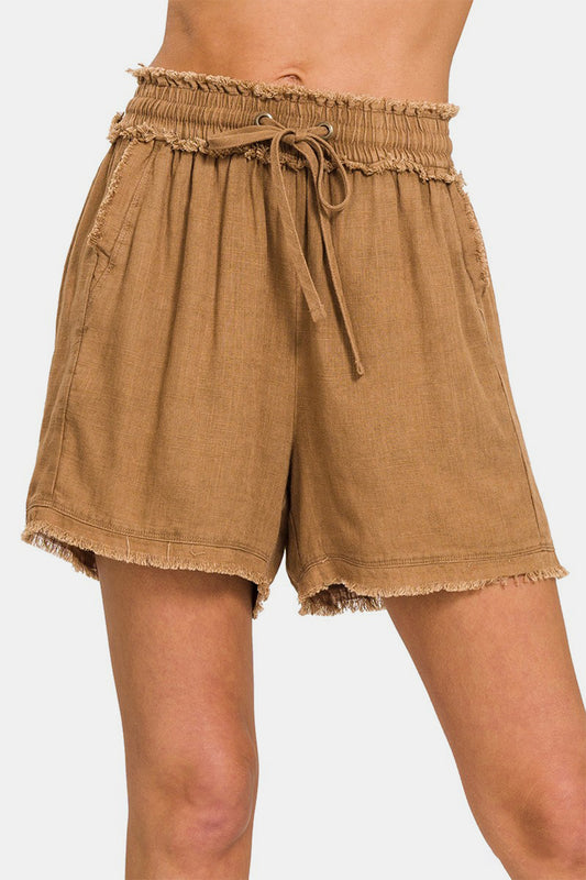 Zenana Washed Linen Blend Raw Hem Shorts in Deep Camel