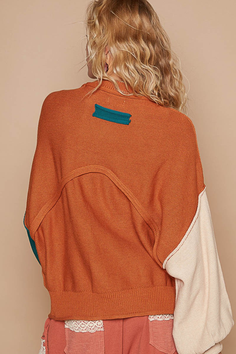 POL Color Block Roll Hem Hacci Sweater in Burnt Topaz Multi