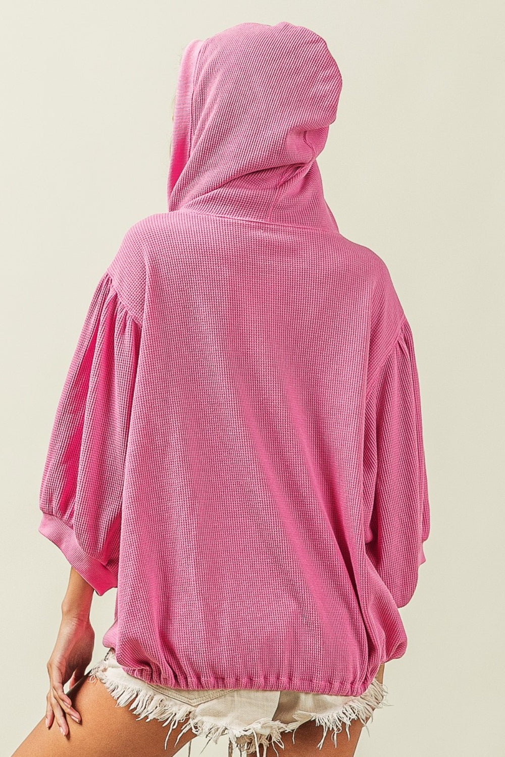 BiBi Waffle-Knit Half Zip Hooded Top in Fuchsia