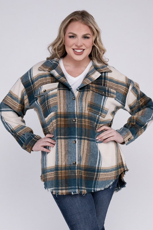 Blue B Plus Yarn Dyed Raw Hem Button Front Plaid Shirt Jacket in 2 Colors