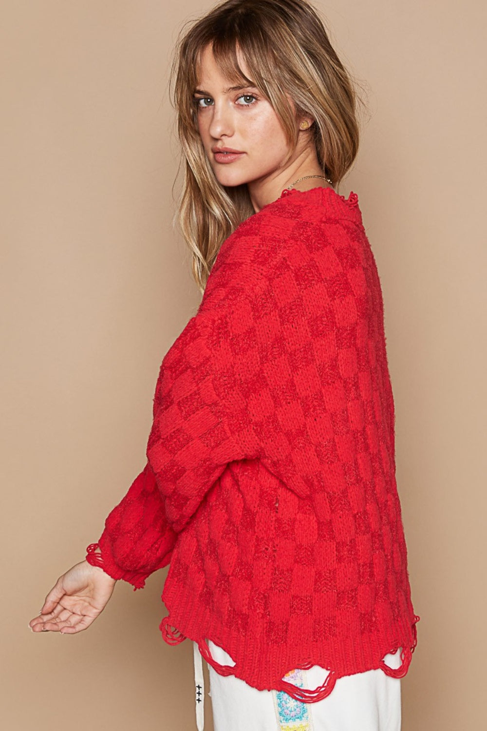 POL Checkered Distressed Round Neck Long Sleeve Sweater in Candy Apple Red NWT