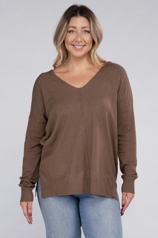 Zenana Plus Size Front Seam V-Neck Tunic Sweater