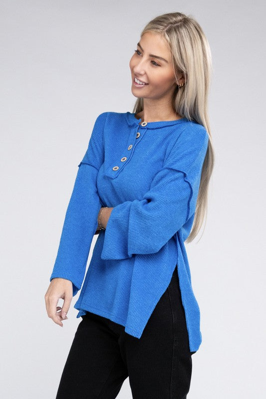 Zenana Slit Hem Bell Sleeve Ribbed Henley Sweater in 5 Colors