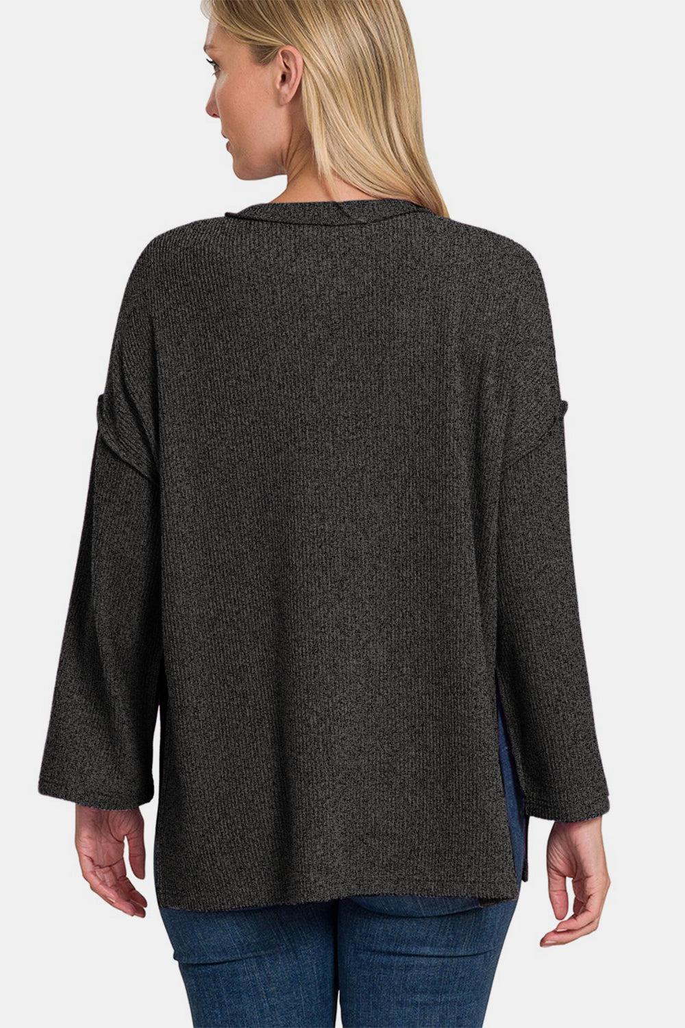 Zenana Ribbed Knit Bell Sleeve Henley T-Shirt Top in Black NWT