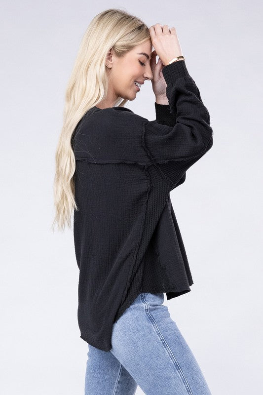 Zenana Double Cotton Gauze Oversized Raw Hem Henley Shirt in 8 Colors