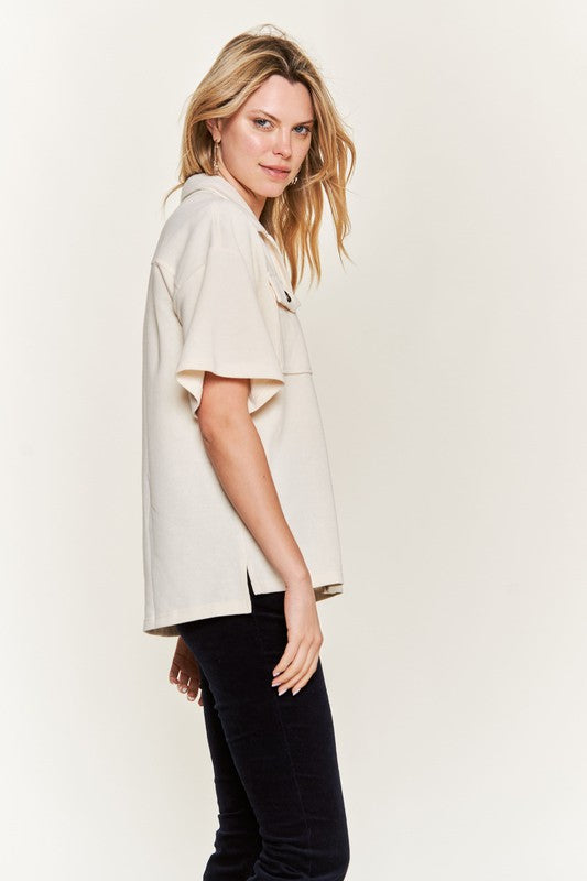 Jade By Jane Smiley Face on Back Button-Down Short Sleeve Shirt in 3 Colors