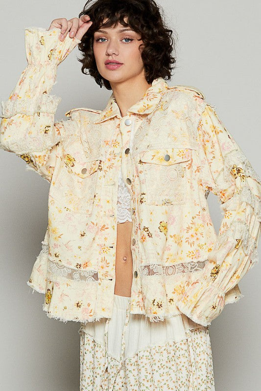 POL Lace Patchwork Raw Hem Flounce Sleeve Button-Down Jacket in Pastel Yellow Floral