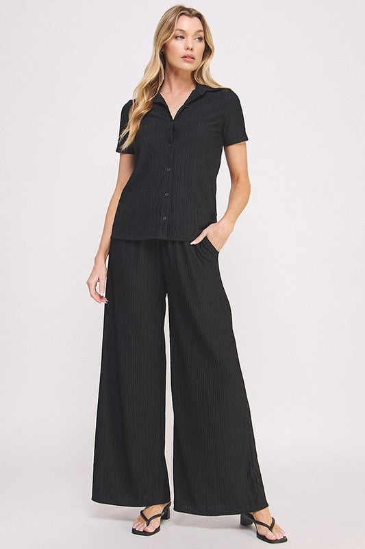 JADE BY JANE TWO PIECE TEXTURED SHORT SLEEVE BUTTON TOP & WIDE LEG PANTS SET IN 3 COLORS