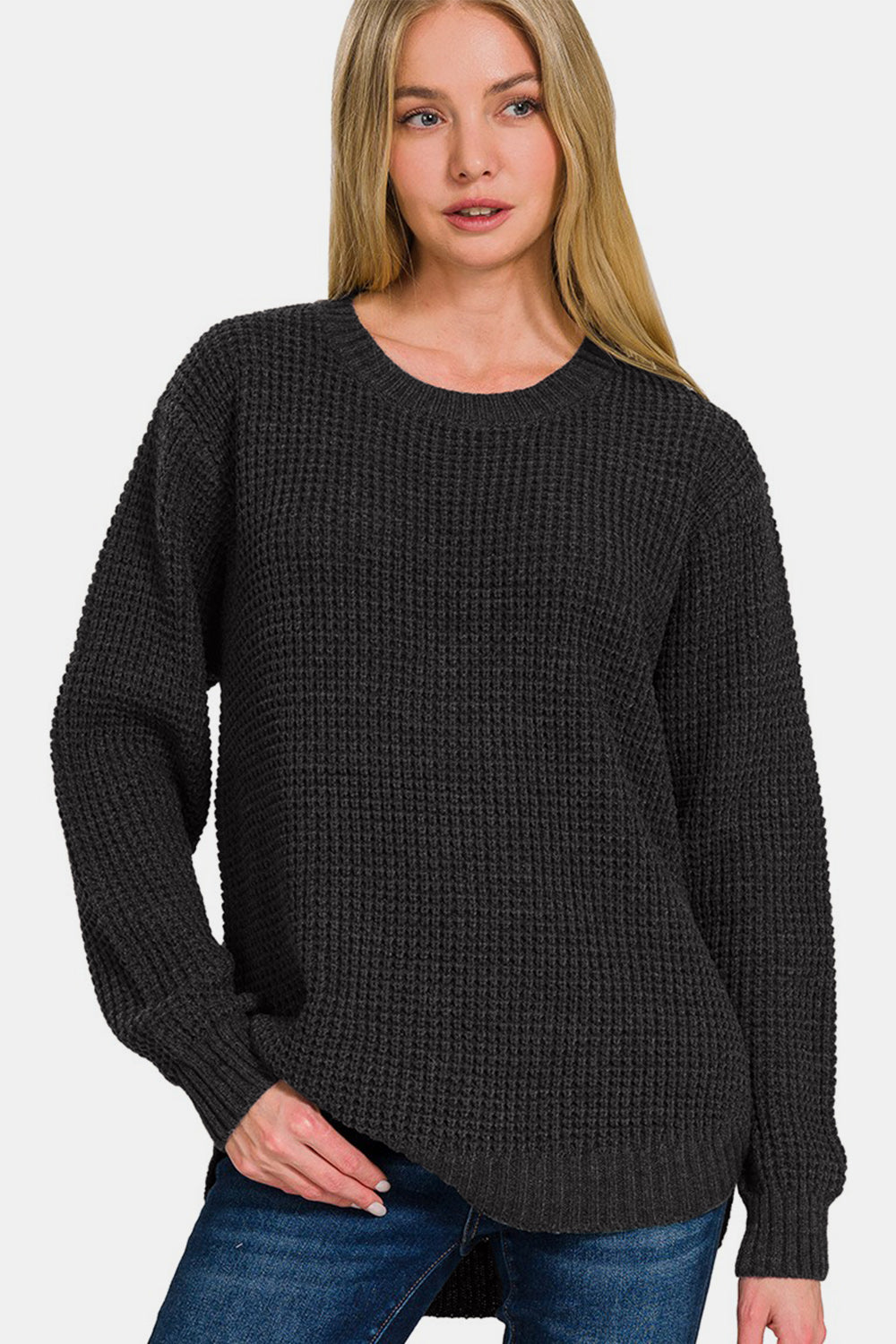 Zenana High-Low Hem Waffle-Knit Tunic Sweater in Black S M L XL