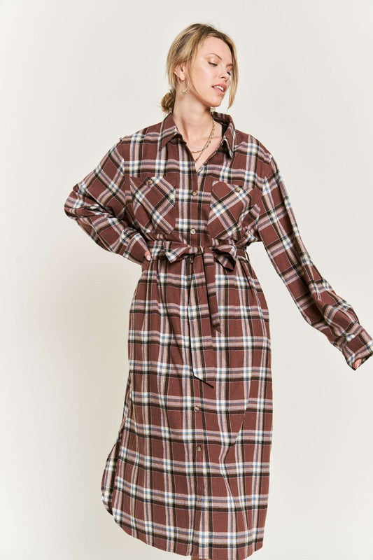 JADE BY JANE PLUS SIZE PLAID LONG SLEEVE BUTTON FRONT MIDI DRESS IN 3 COLORS