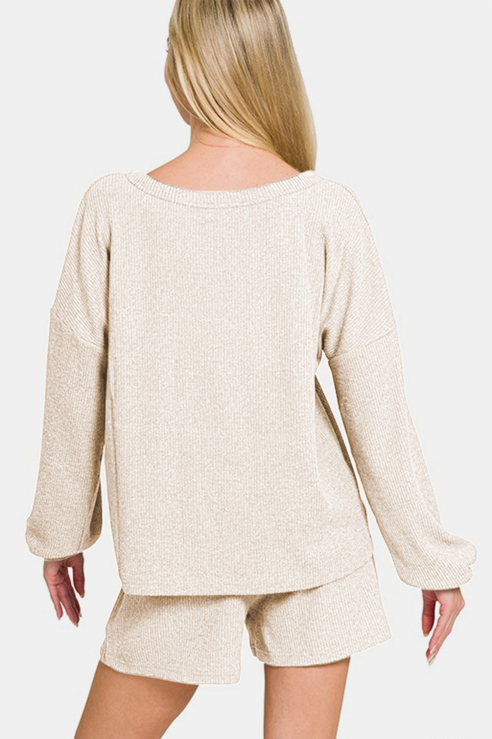 Zenana 2-Piece Set V-Neck Long Sleeve Ribbed Top and Shorts in Beige NWT