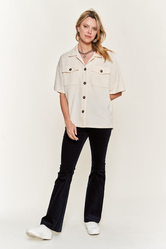 Jade By Jane Smiley Face on Back Button-Down Short Sleeve Shirt in 3 Colors