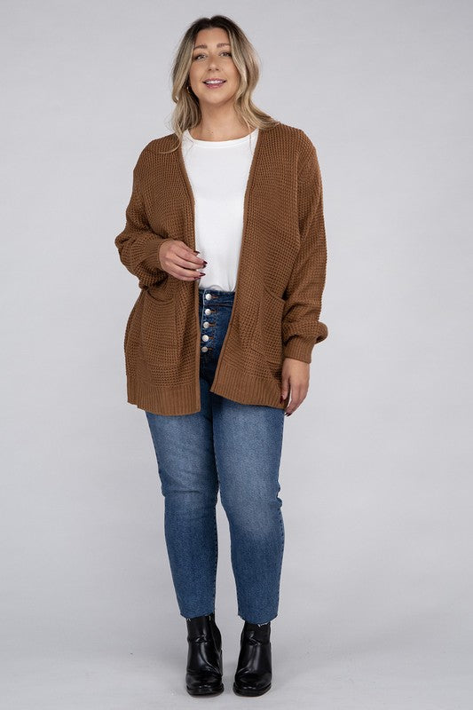 Zenana Plus Waffle-Knit Open Front Tunic Cardigan Sweater with Pockets in 5 Colors