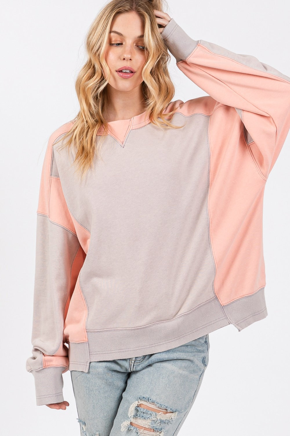 SAGE + FIG Oversized Color Block Round Neck Sweatshirt Top in Gray/Peach